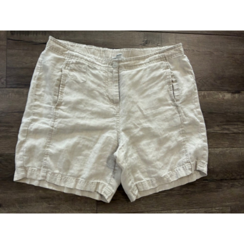 J. Jill Love Linen Shorts Womens 12 Tan Beige 100% Linen Elastic Waist Pockets
